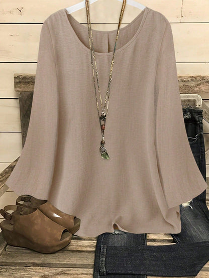 YFY Women's Casual Western Style Solid Color Round Neck Long Sleeve Flared Cuff Shirt, Soft & Lightweight Polyester Fabric, Suitable For Spring/Summer Everyday Wear & Loungewear