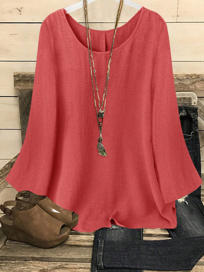 YFY Women's Casual Western Style Solid Color Round Neck Long Sleeve Flared Cuff Shirt, Soft & Lightweight Polyester Fabric, Suitable For Spring/Summer Everyday Wear & Loungewear