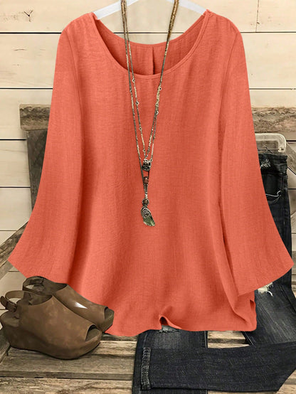 YFY Women's Casual Western Style Solid Color Round Neck Long Sleeve Flared Cuff Shirt, Soft & Lightweight Polyester Fabric, Suitable For Spring/Summer Everyday Wear & Loungewear