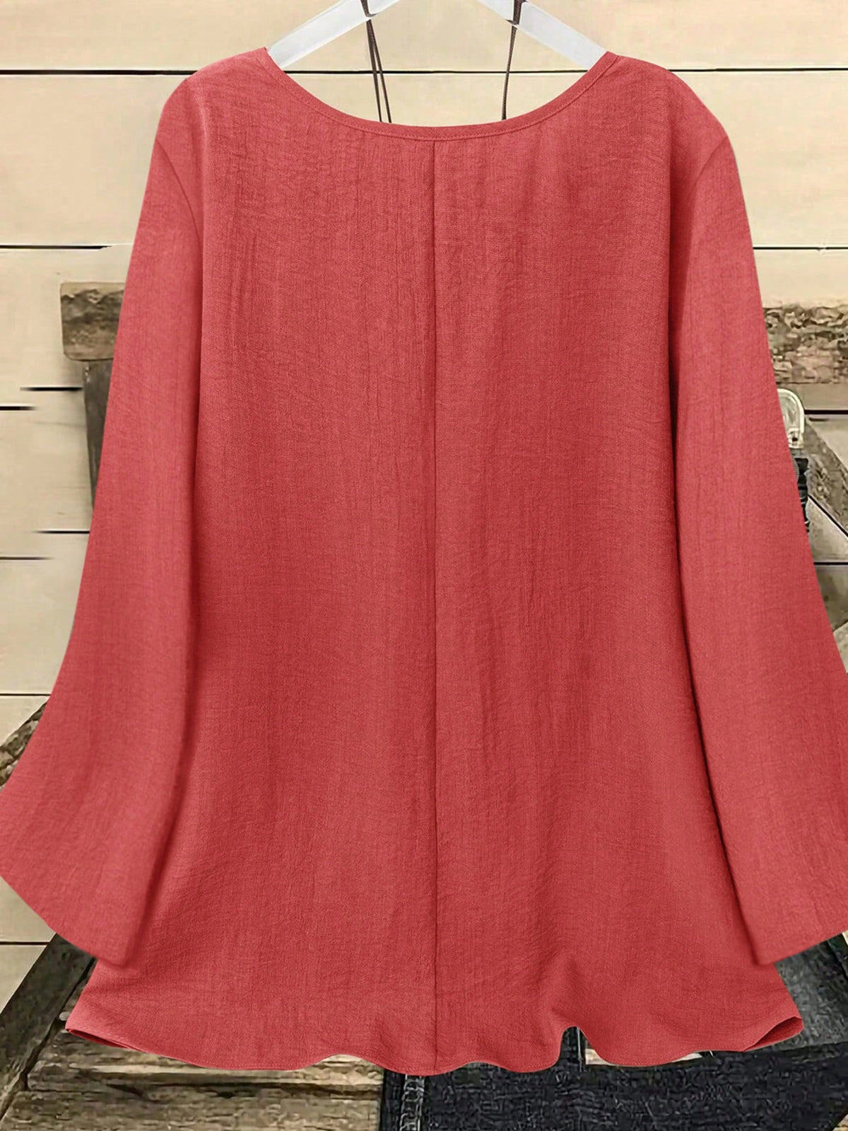 YFY Women's Casual Western Style Solid Color Round Neck Long Sleeve Flared Cuff Shirt, Soft & Lightweight Polyester Fabric, Suitable For Spring/Summer Everyday Wear & Loungewear