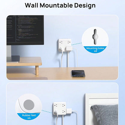DEPOW Surge Protector Power Strip With USB Ports, 5FT Flat Plug Extension Cord With 8 Outlets & 4 USB Ports (1 USB C), 1440J, Wall Mount For Home Office Dorm Room Essentials, White
