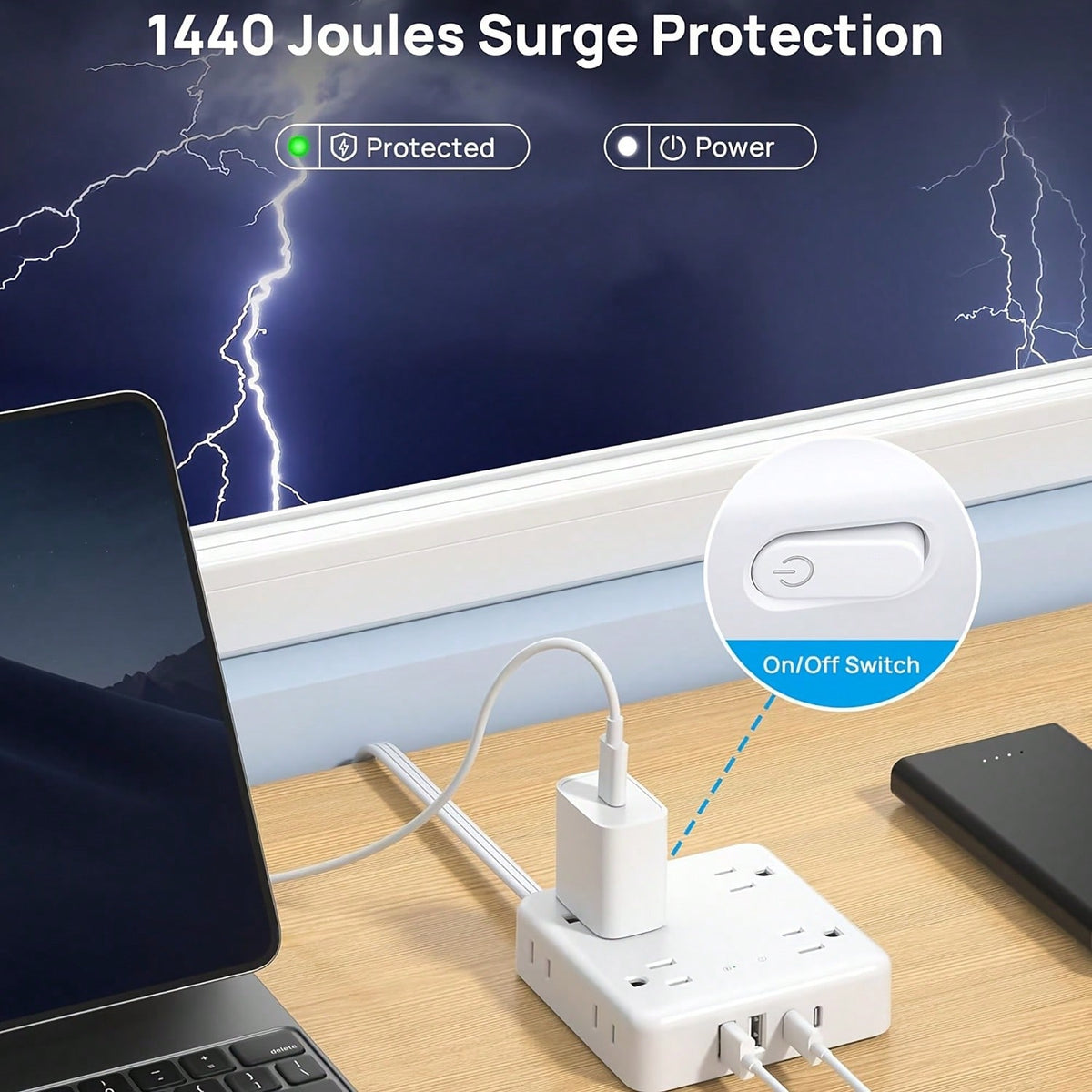 DEPOW Surge Protector Power Strip With USB Ports, 5FT Flat Plug Extension Cord With 8 Outlets & 4 USB Ports (1 USB C), 1440J, Wall Mount For Home Office Dorm Room Essentials, White