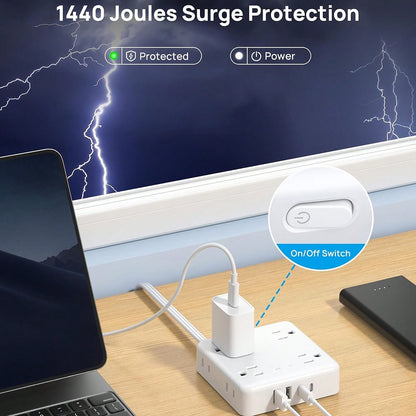 DEPOW Surge Protector Power Strip With USB Ports, 5FT Flat Plug Extension Cord With 8 Outlets & 4 USB Ports (1 USB C), 1440J, Wall Mount For Home Office Dorm Room Essentials, White