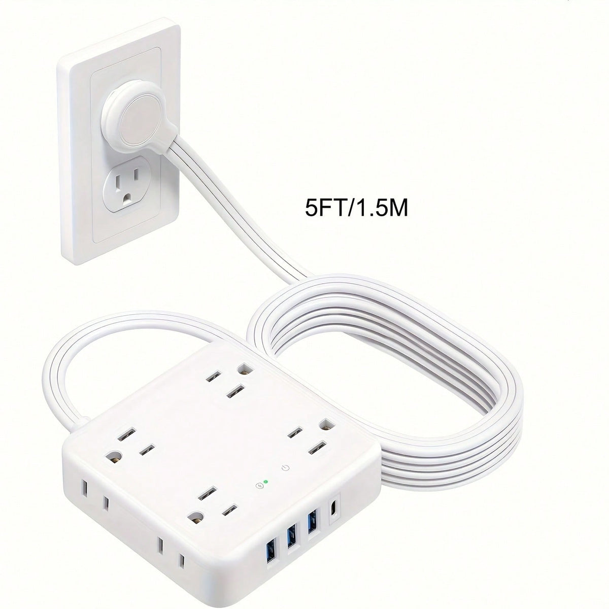 DEPOW Surge Protector Power Strip With USB Ports, 5FT Flat Plug Extension Cord With 8 Outlets & 4 USB Ports (1 USB C), 1440J, Wall Mount For Home Office Dorm Room Essentials, White