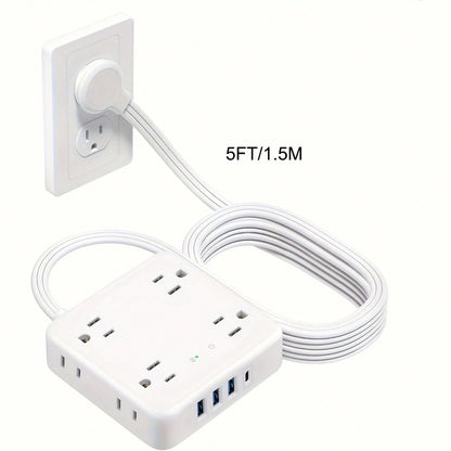DEPOW Surge Protector Power Strip With USB Ports, 5FT Flat Plug Extension Cord With 8 Outlets & 4 USB Ports (1 USB C), 1440J, Wall Mount For Home Office Dorm Room Essentials, White