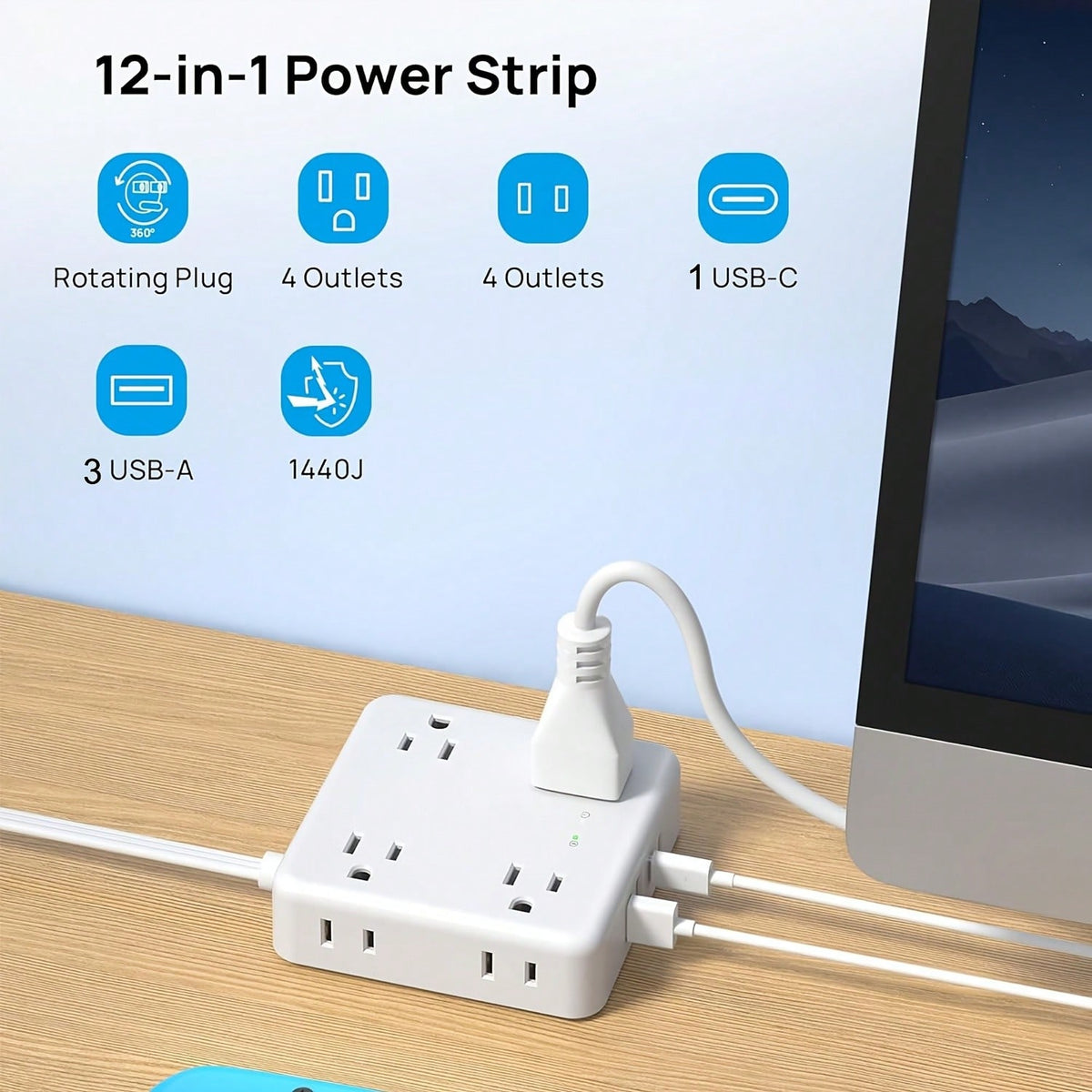 DEPOW Surge Protector Power Strip With USB Ports, 5FT Flat Plug Extension Cord With 8 Outlets & 4 USB Ports (1 USB C), 1440J, Wall Mount For Home Office Dorm Room Essentials, White