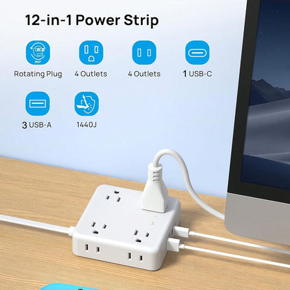 DEPOW Surge Protector Power Strip With USB Ports, 5FT Flat Plug Extension Cord With 8 Outlets & 4 USB Ports (1 USB C), 1440J, Wall Mount For Home Office Dorm Room Essentials, White