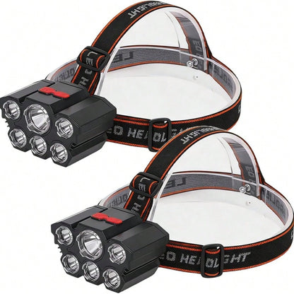 2-Pack Multifunctional 5-LED Headlamp, Head-Mounted Flashlight, Outdoor USB-Rechargeable Fishing Headlamp, Powerful Bald Head Light, 4-Mode Headlamp Flashlight For Outdoor Running, Hunting, Hiking, And Camping