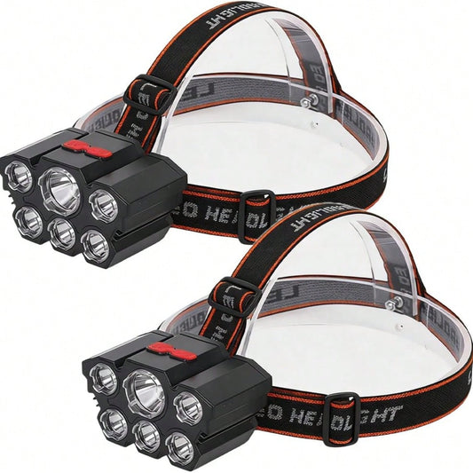 2-Pack Multifunctional 5-LED Headlamp, Head-Mounted Flashlight, Outdoor USB-Rechargeable Fishing Headlamp, Powerful Bald Head Light, 4-Mode Headlamp Flashlight For Outdoor Running, Hunting, Hiking, And Camping