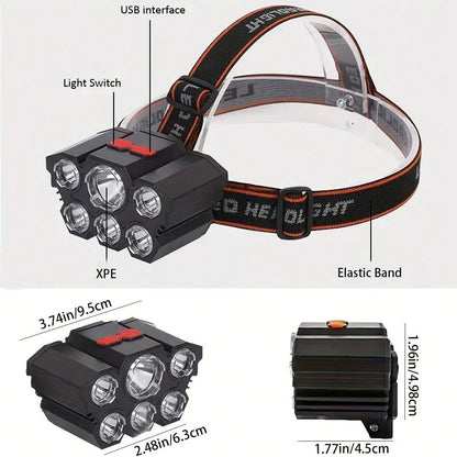2-Pack Multifunctional 5-LED Headlamp, Head-Mounted Flashlight, Outdoor USB-Rechargeable Fishing Headlamp, Powerful Bald Head Light, 4-Mode Headlamp Flashlight For Outdoor Running, Hunting, Hiking, And Camping