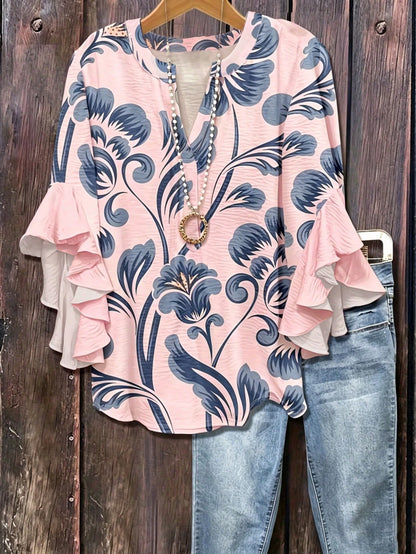 Floral Print Ruffle Collar Blouse, Polyester Fabric, Suitable For Vacation, Daily Wear, Travel, Spring/Summer