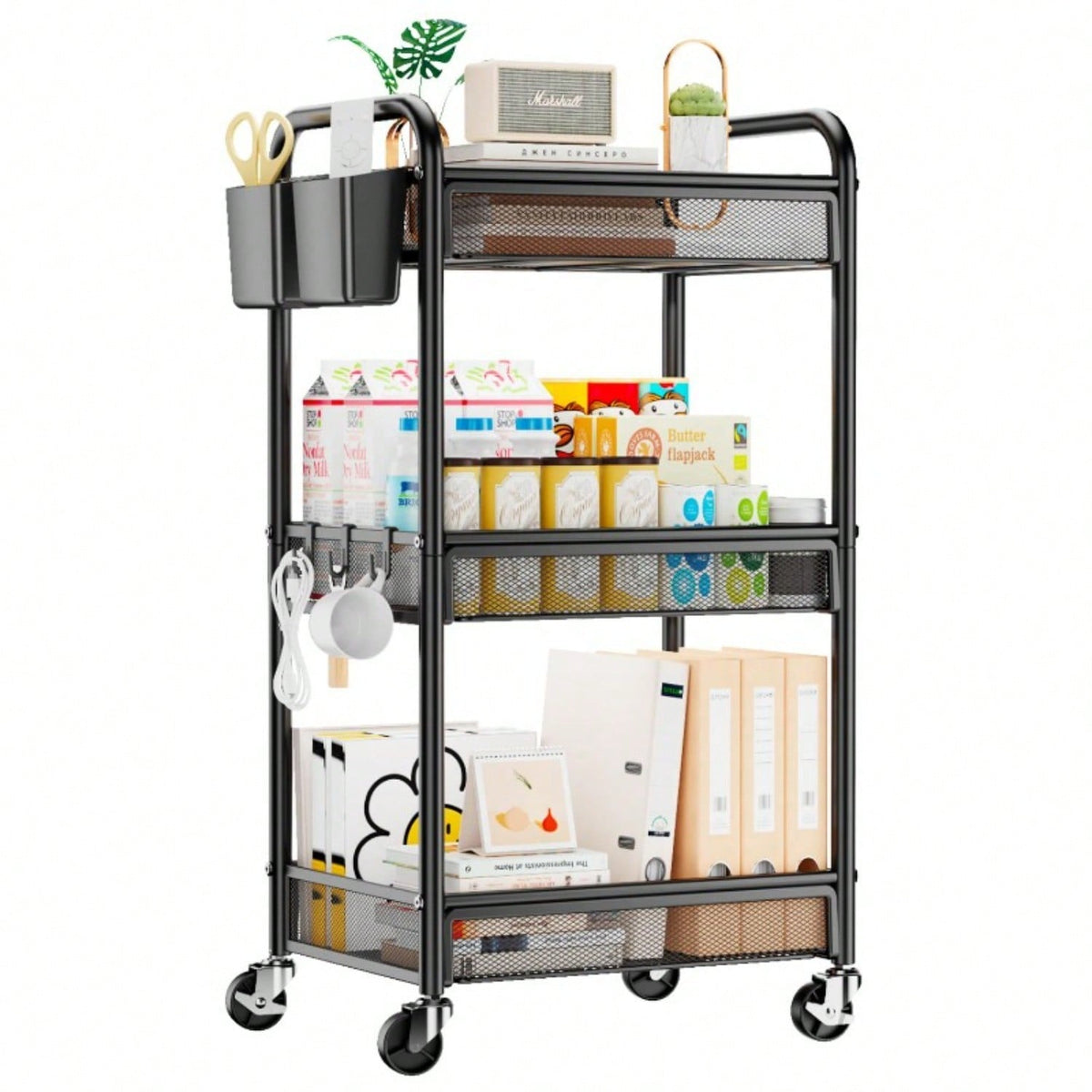 3 Tier Rolling Cart – Metal Utility Storage Carts With Wheels, Craft Cart Organizer With Hanging Cups, Hooks, Mesh Basket For Bedside Kitchen Office Art, Black