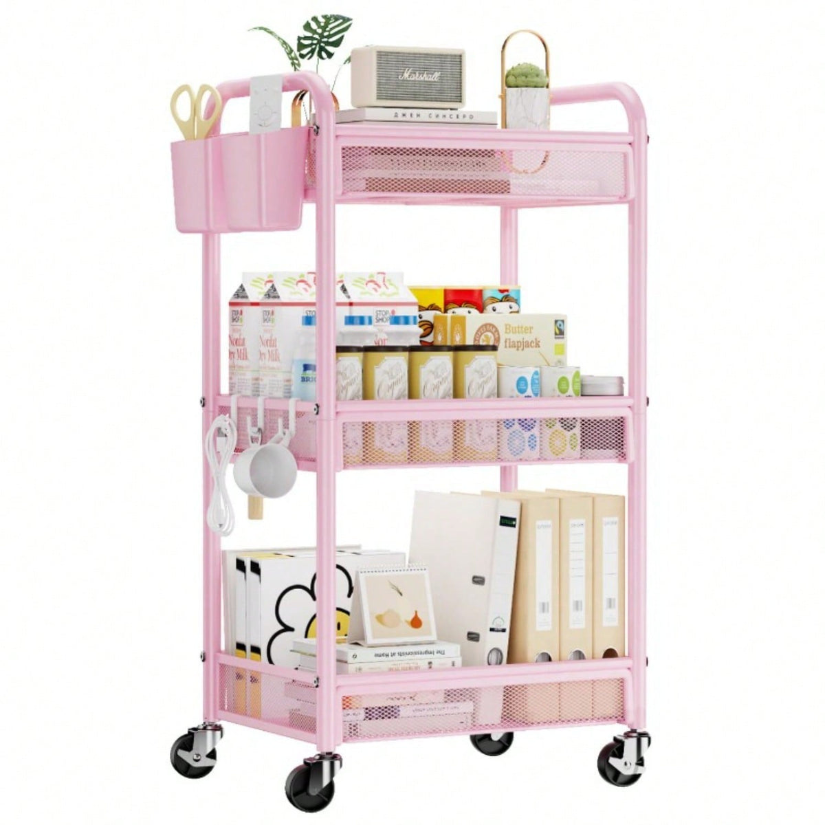 3 Tier Rolling Cart – Metal Utility Storage Carts With Wheels, Craft Cart Organizer With Hanging Cups, Hooks, Mesh Basket For Bedside Kitchen Office Art, Black