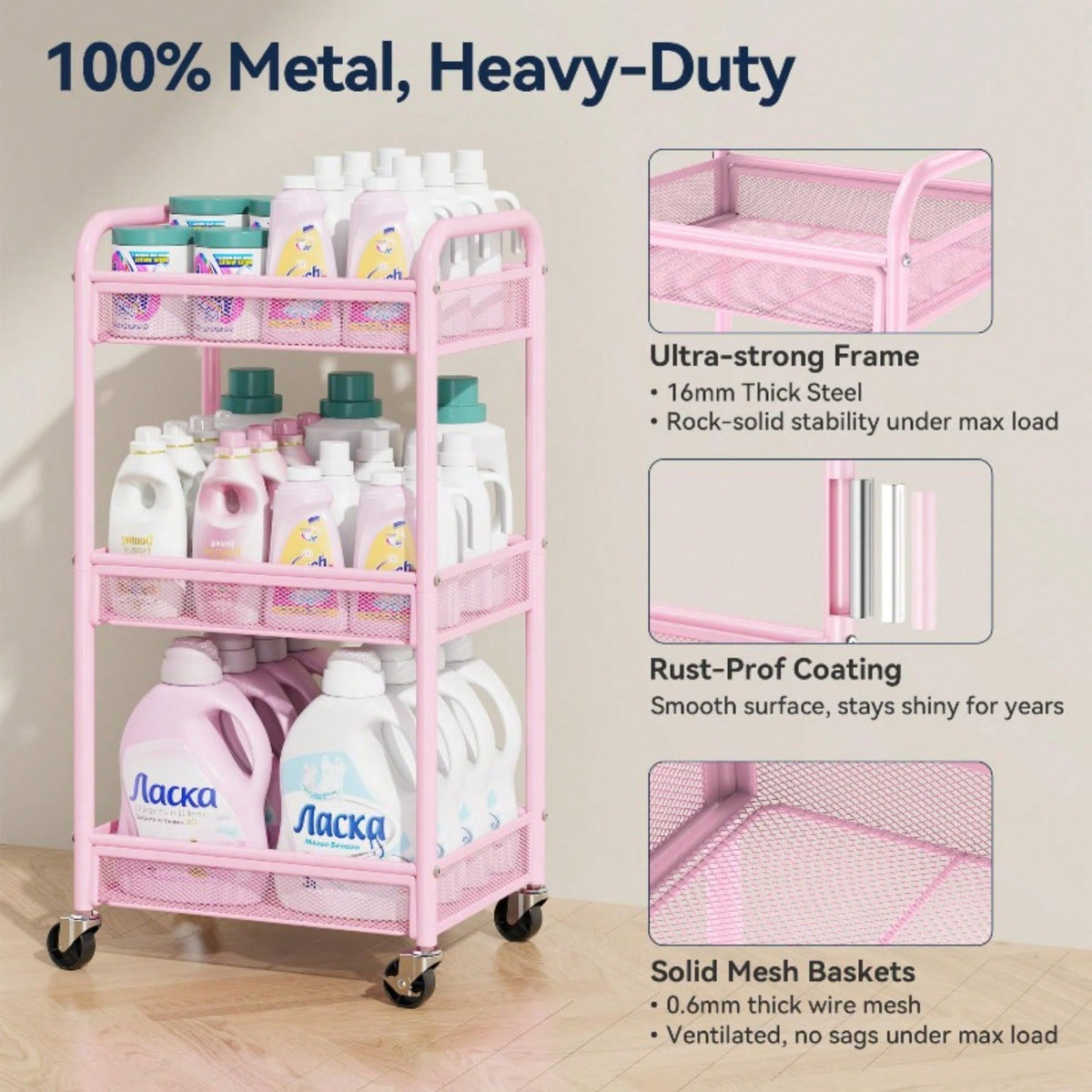 3 Tier Rolling Cart – Metal Utility Storage Carts With Wheels, Craft Cart Organizer With Hanging Cups, Hooks, Mesh Basket For Bedside Kitchen Office Art, Black