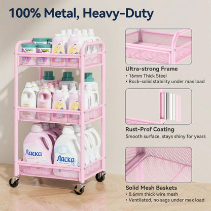 3 Tier Rolling Cart – Metal Utility Storage Carts With Wheels, Craft Cart Organizer With Hanging Cups, Hooks, Mesh Basket For Bedside Kitchen Office Art, Black