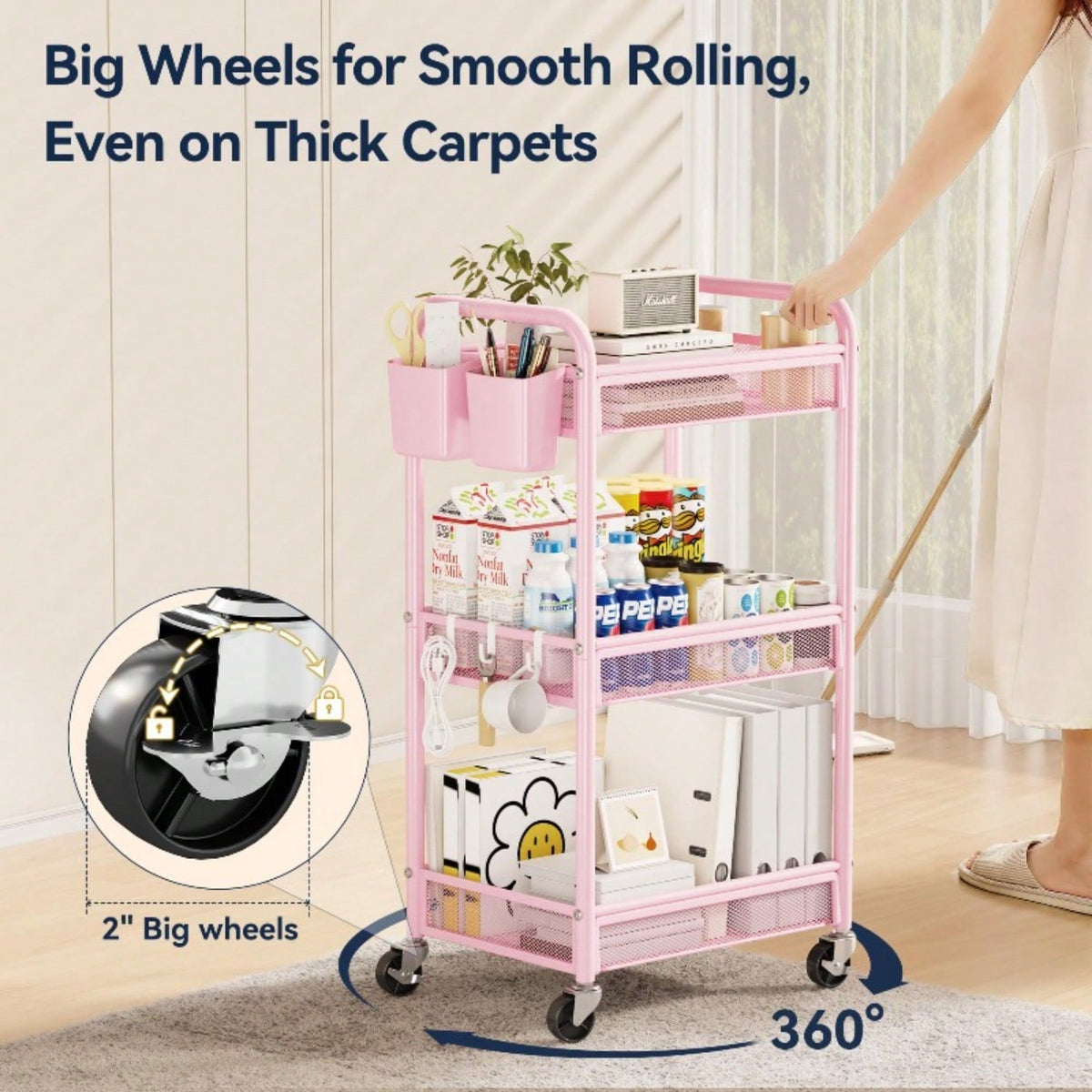 3 Tier Rolling Cart – Metal Utility Storage Carts With Wheels, Craft Cart Organizer With Hanging Cups, Hooks, Mesh Basket For Bedside Kitchen Office Art, Black