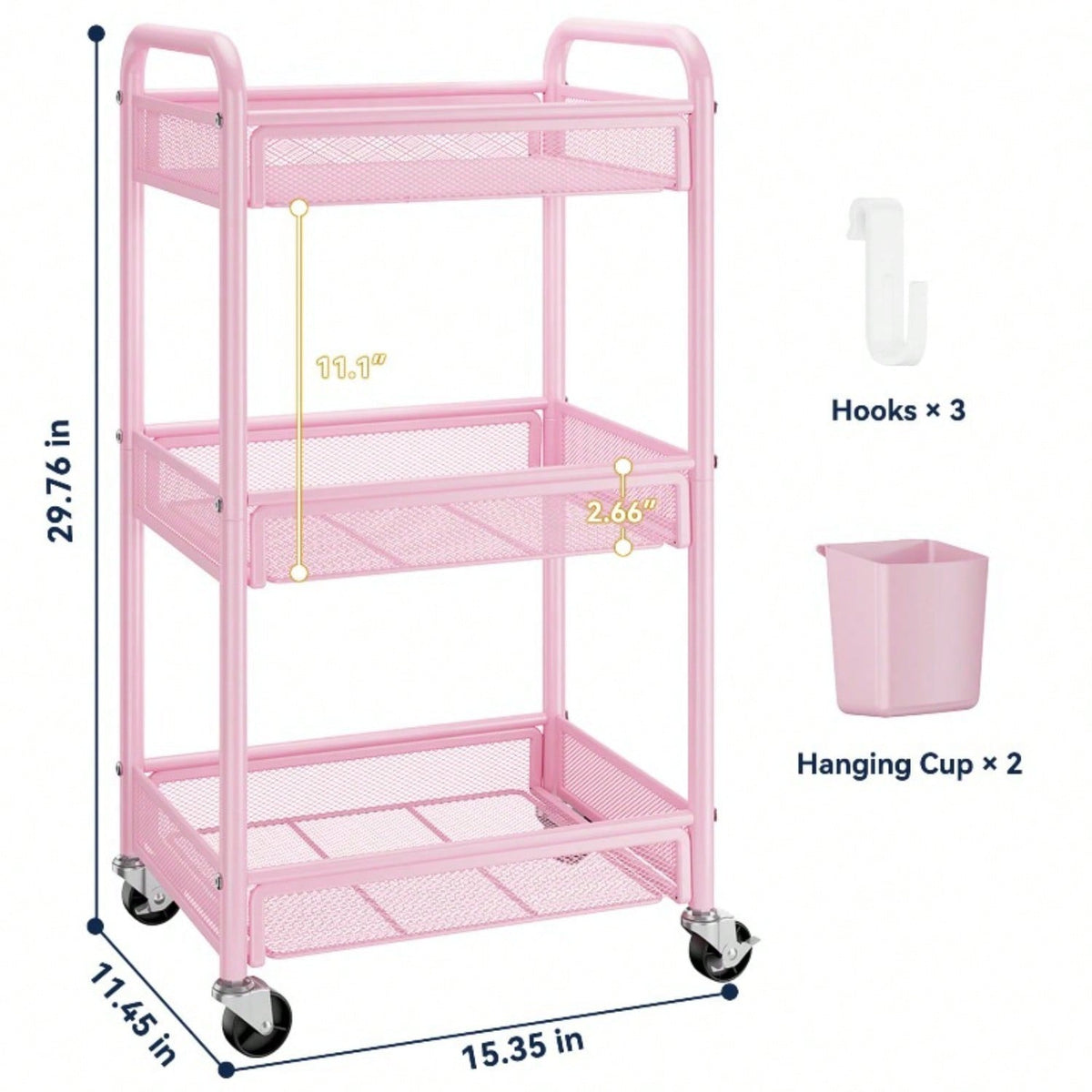 3 Tier Rolling Cart – Metal Utility Storage Carts With Wheels, Craft Cart Organizer With Hanging Cups, Hooks, Mesh Basket For Bedside Kitchen Office Art, Black