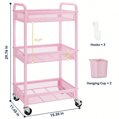 3 Tier Rolling Cart – Metal Utility Storage Carts With Wheels, Craft Cart Organizer With Hanging Cups, Hooks, Mesh Basket For Bedside Kitchen Office Art, Black
