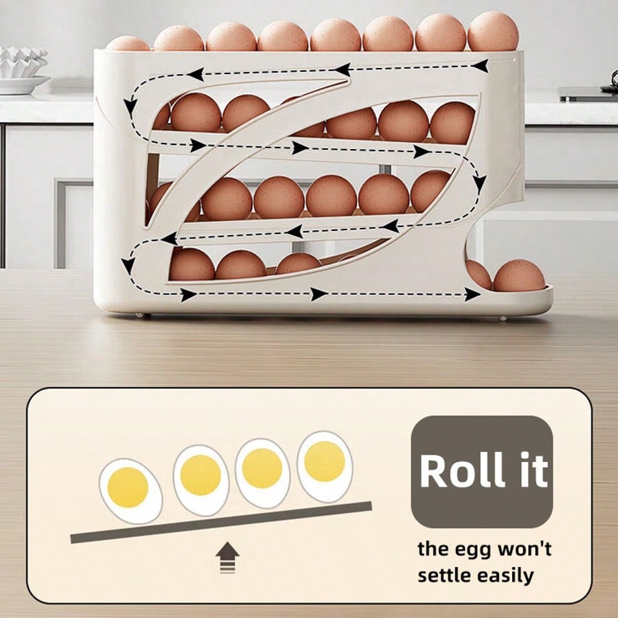 1pc Rolling Egg Rack - Space-Saving Side Door Design, Holds 30 Eggs, Smooth And Glossy End, Convenient Handle, Suitable For Kitchen And Refrigerator Storage | Modern Kitchen Additions | Durable Plastic Material
