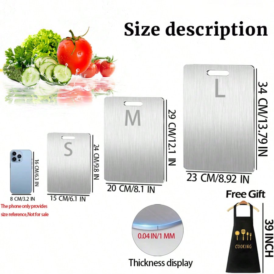 1 PCS (S/M/L) Or 3 PCS Stainless Steel Cutting Boards, 0.04 IN Thick, Slim Portable Cutting Board,Comes With Apron, Kitchen Cutting Board, Easy To Clean, Kitchen-Ready, Space-Saving, Rust-Resistant, Halloween And Christmas Gifts