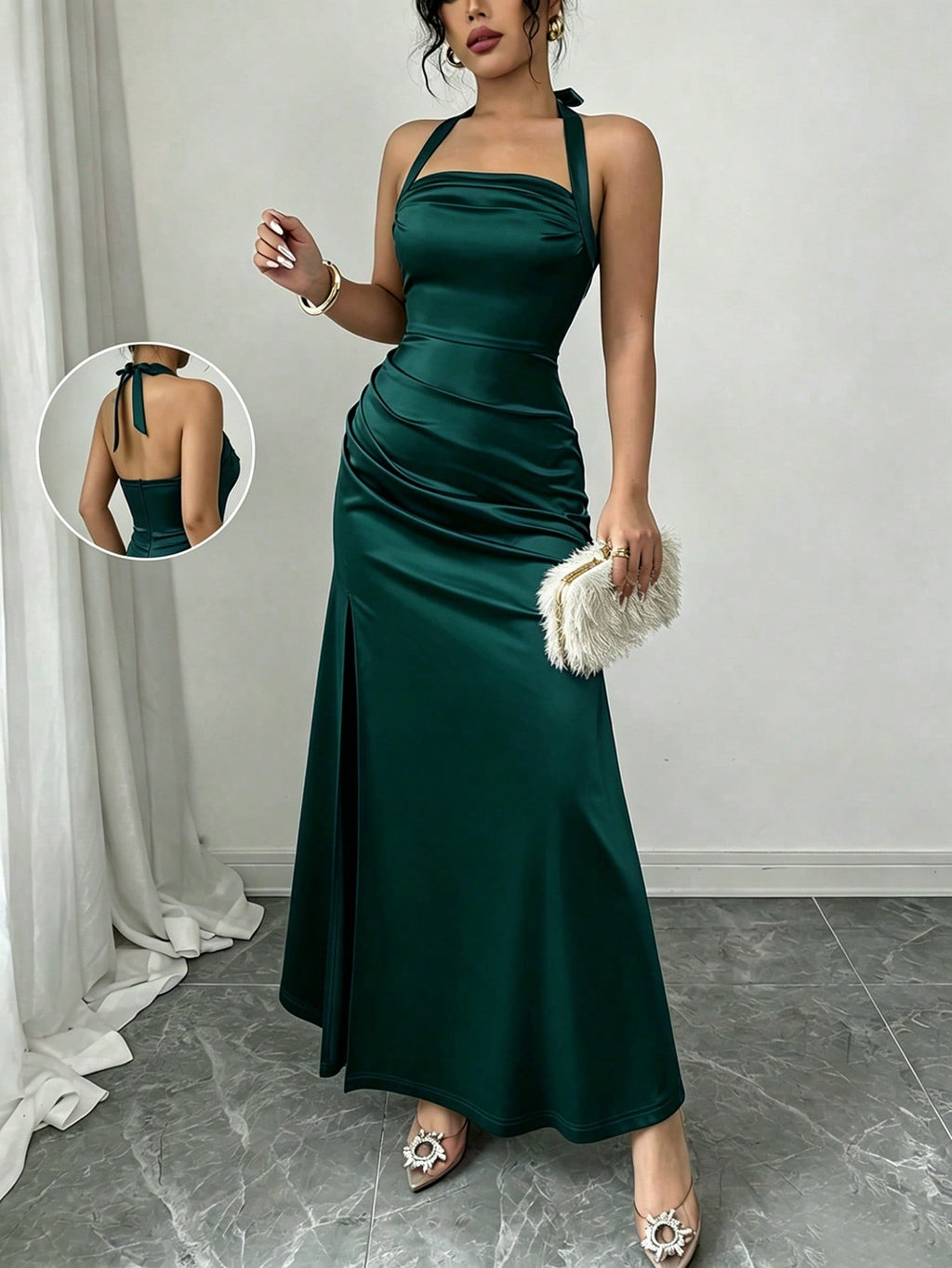 Elenzga Elegant Champagne Color Fitted Cami Dress, Elastic Satin Fabric Side Slit Maxi Length