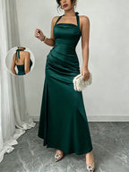 Elenzga Elegant Champagne Color Fitted Cami Dress, Elastic Satin Fabric Side Slit Maxi Length