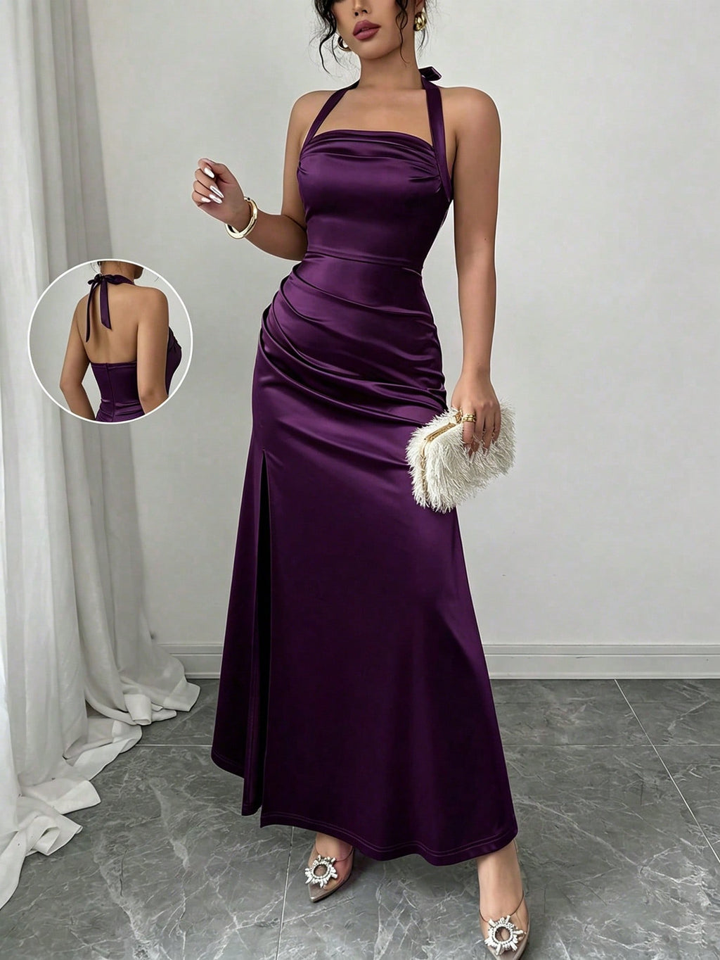 Elenzga Elegant Champagne Color Fitted Cami Dress, Elastic Satin Fabric Side Slit Maxi Length