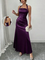 Elenzga Elegant Champagne Color Fitted Cami Dress, Elastic Satin Fabric Side Slit Maxi Length