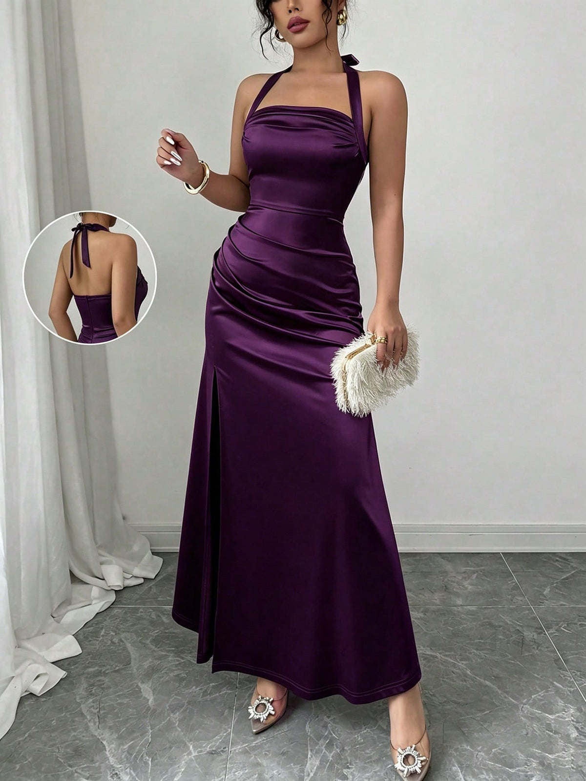 Elenzga Elegant Champagne Color Fitted Cami Dress, Elastic Satin Fabric Side Slit Maxi Length