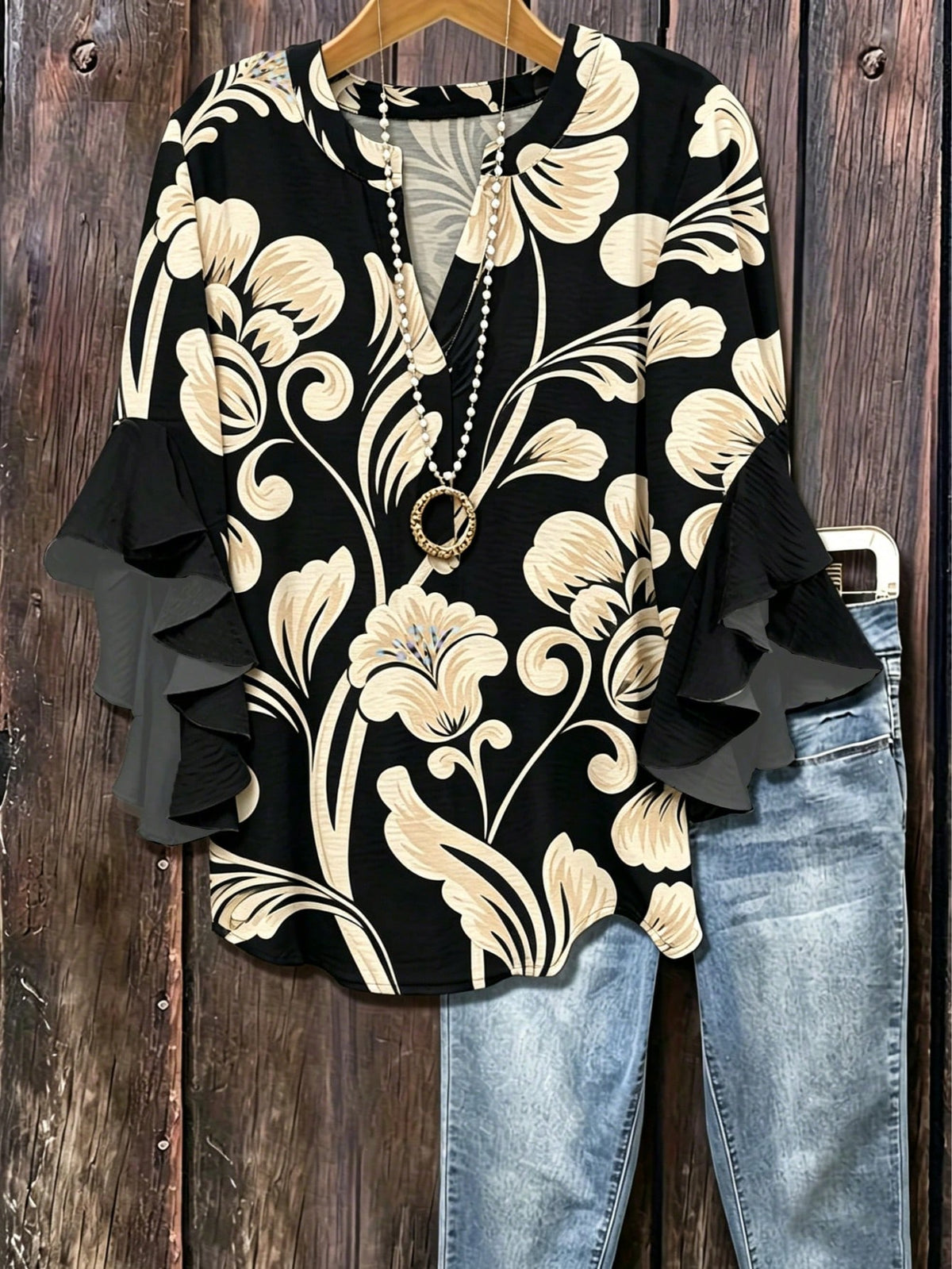 Floral Print Ruffle Collar Blouse, Polyester Fabric, Suitable For Vacation, Daily Wear, Travel, Spring/Summer