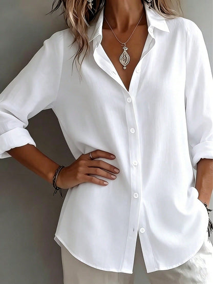 Women's Elegant Vacation Style Loose Slouchy Blouse, Commute Casual Artistic Design, Slimming And Flattering Everyday Elegant Shirt, Loose Fit White