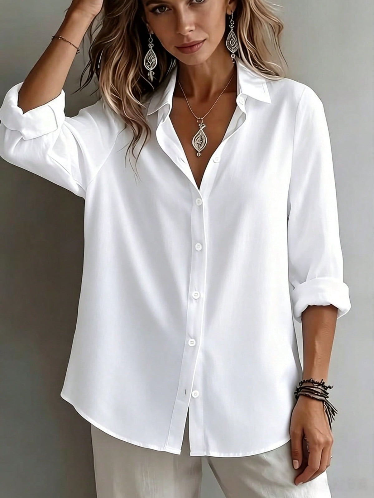 Women's Elegant Vacation Style Loose Slouchy Blouse, Commute Casual Artistic Design, Slimming And Flattering Everyday Elegant Shirt, Loose Fit White