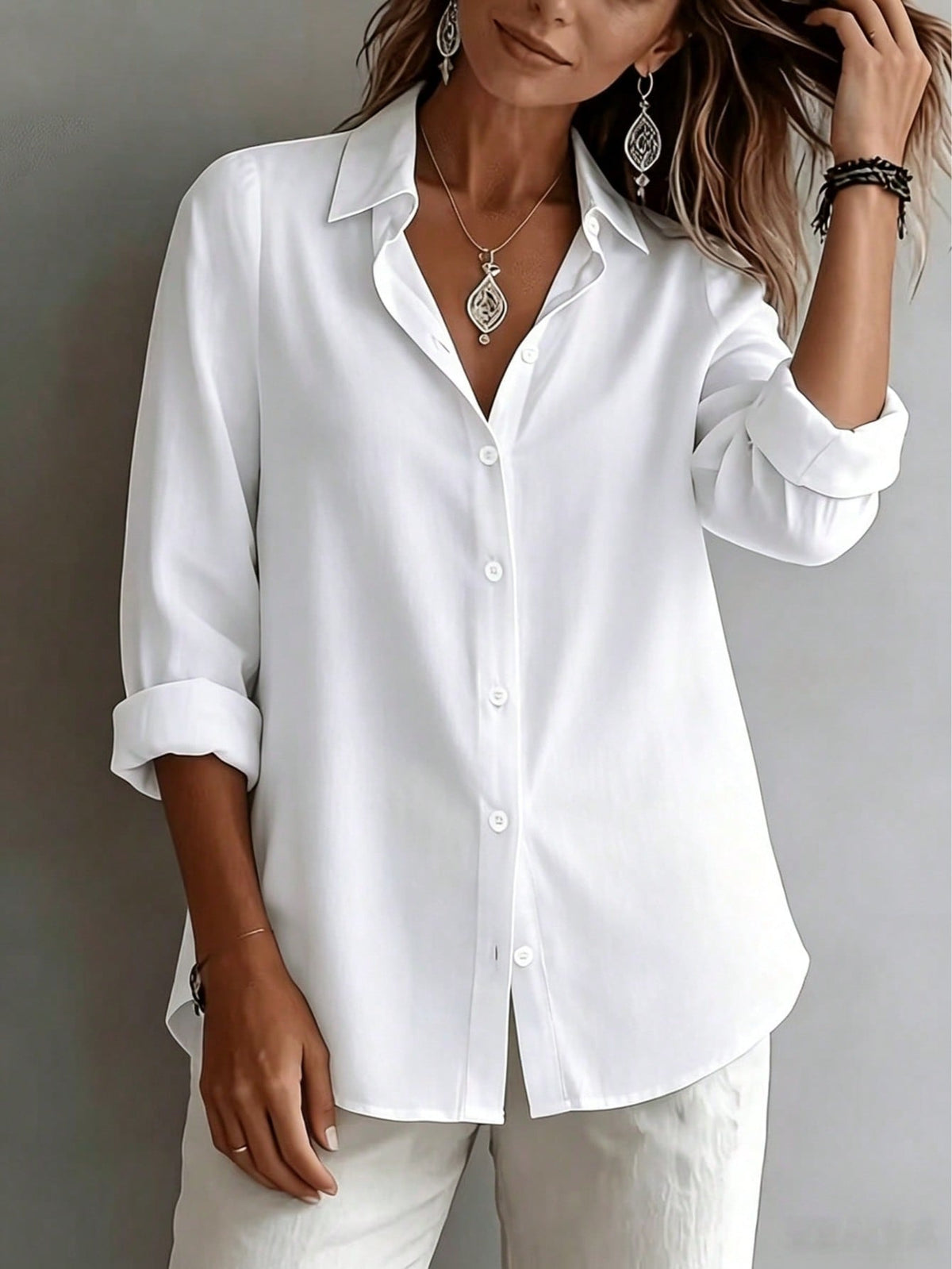 Women's Elegant Vacation Style Loose Slouchy Blouse, Commute Casual Artistic Design, Slimming And Flattering Everyday Elegant Shirt, Loose Fit White