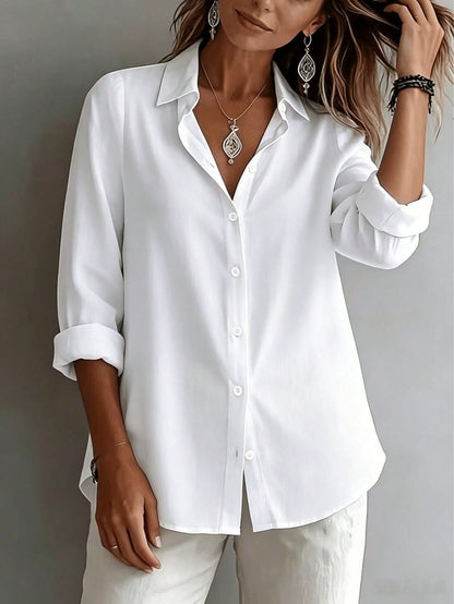 Women's Elegant Vacation Style Loose Slouchy Blouse, Commute Casual Artistic Design, Slimming And Flattering Everyday Elegant Shirt, Loose Fit White