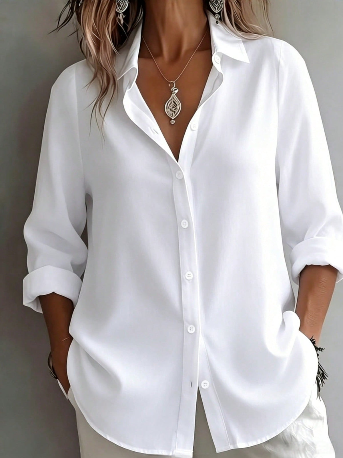 Women's Elegant Vacation Style Loose Slouchy Blouse, Commute Casual Artistic Design, Slimming And Flattering Everyday Elegant Shirt, Loose Fit White