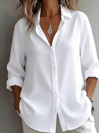 Women's Elegant Vacation Style Loose Slouchy Blouse, Commute Casual Artistic Design, Slimming And Flattering Everyday Elegant Shirt, Loose Fit White