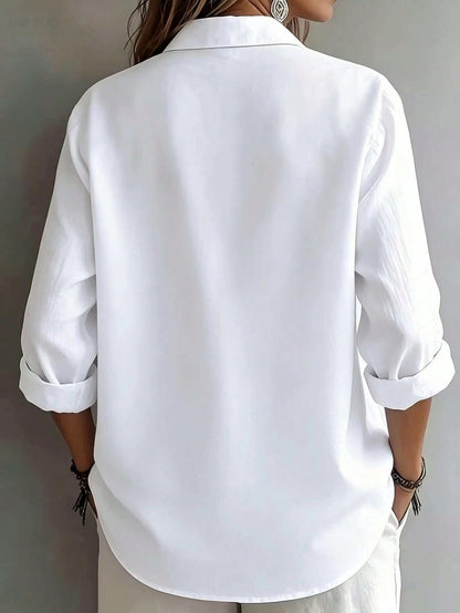 Women's Elegant Vacation Style Loose Slouchy Blouse, Commute Casual Artistic Design, Slimming And Flattering Everyday Elegant Shirt, Loose Fit White