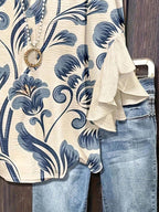 Floral Print Ruffle Collar Blouse, Polyester Fabric, Suitable For Vacation, Daily Wear, Travel, Spring/Summer