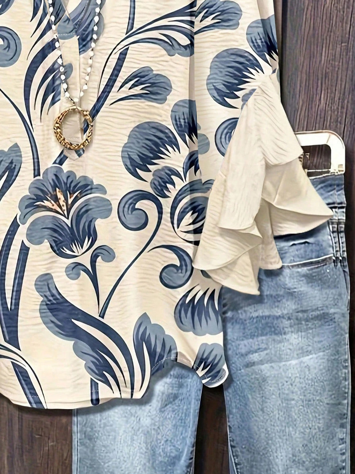 Floral Print Ruffle Collar Blouse, Polyester Fabric, Suitable For Vacation, Daily Wear, Travel, Spring/Summer