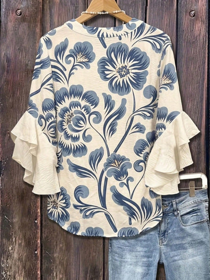 Floral Print Ruffle Collar Blouse, Polyester Fabric, Suitable For Vacation, Daily Wear, Travel, Spring/Summer