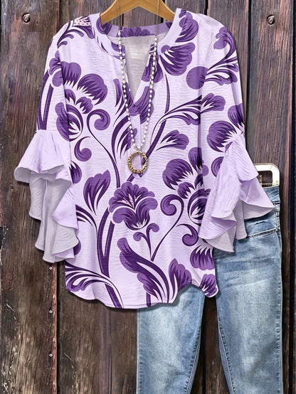 Floral Print Ruffle Collar Blouse, Polyester Fabric, Suitable For Vacation, Daily Wear, Travel, Spring/Summer