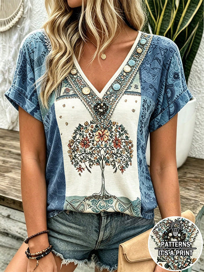Selamara Bohemian Boho Style Beige Floral Embroidered V-Neck T-Shirt, Summer Vacation Casual Short Sleeve Top Picnic Vacation