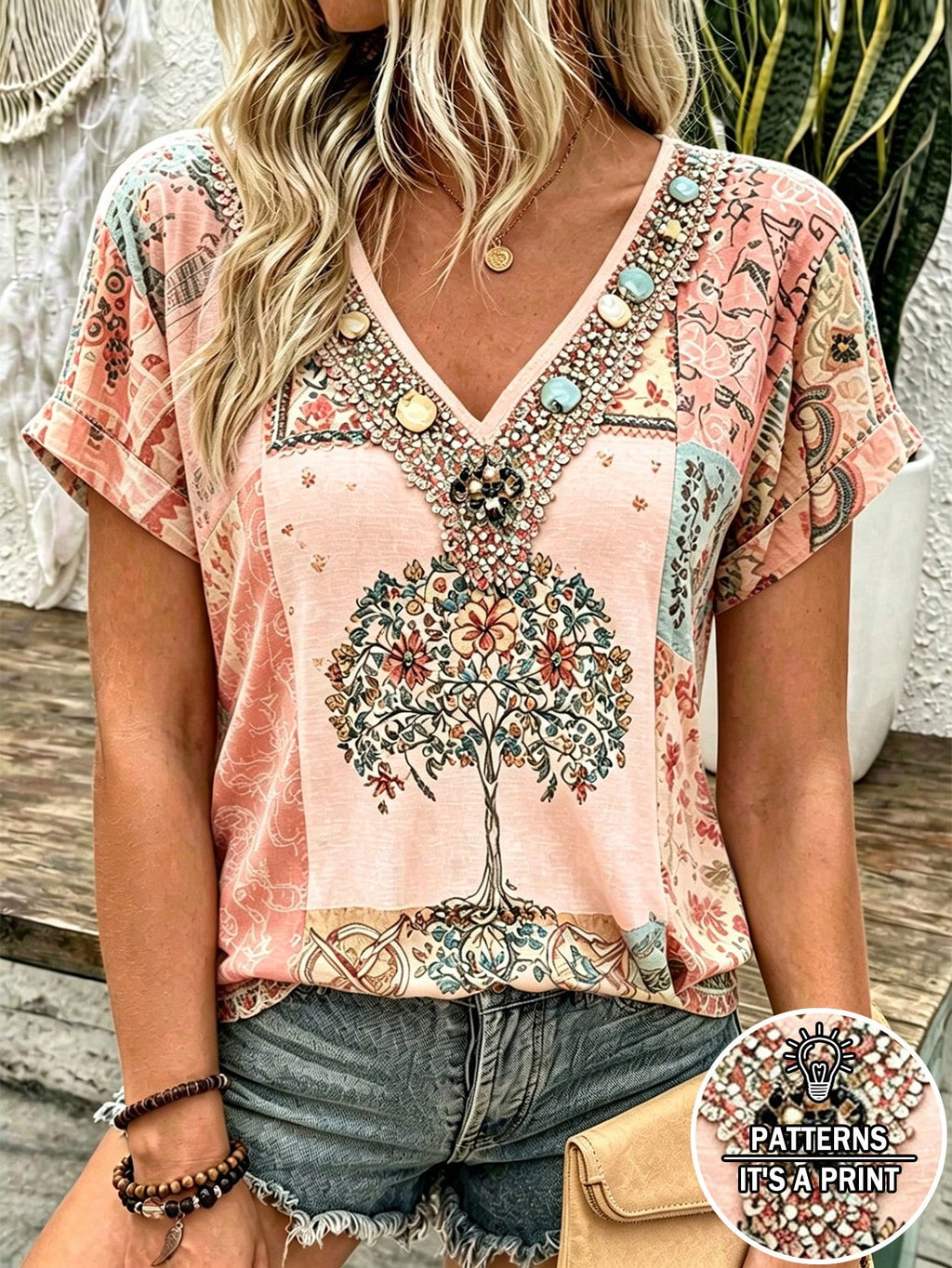 Selamara Bohemian Boho Style Beige Floral Embroidered V-Neck T-Shirt, Summer Vacation Casual Short Sleeve Top Picnic Vacation
