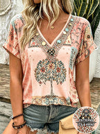Selamara Bohemian Boho Style Beige Floral Embroidered V-Neck T-Shirt, Summer Vacation Casual Short Sleeve Top Picnic Vacation