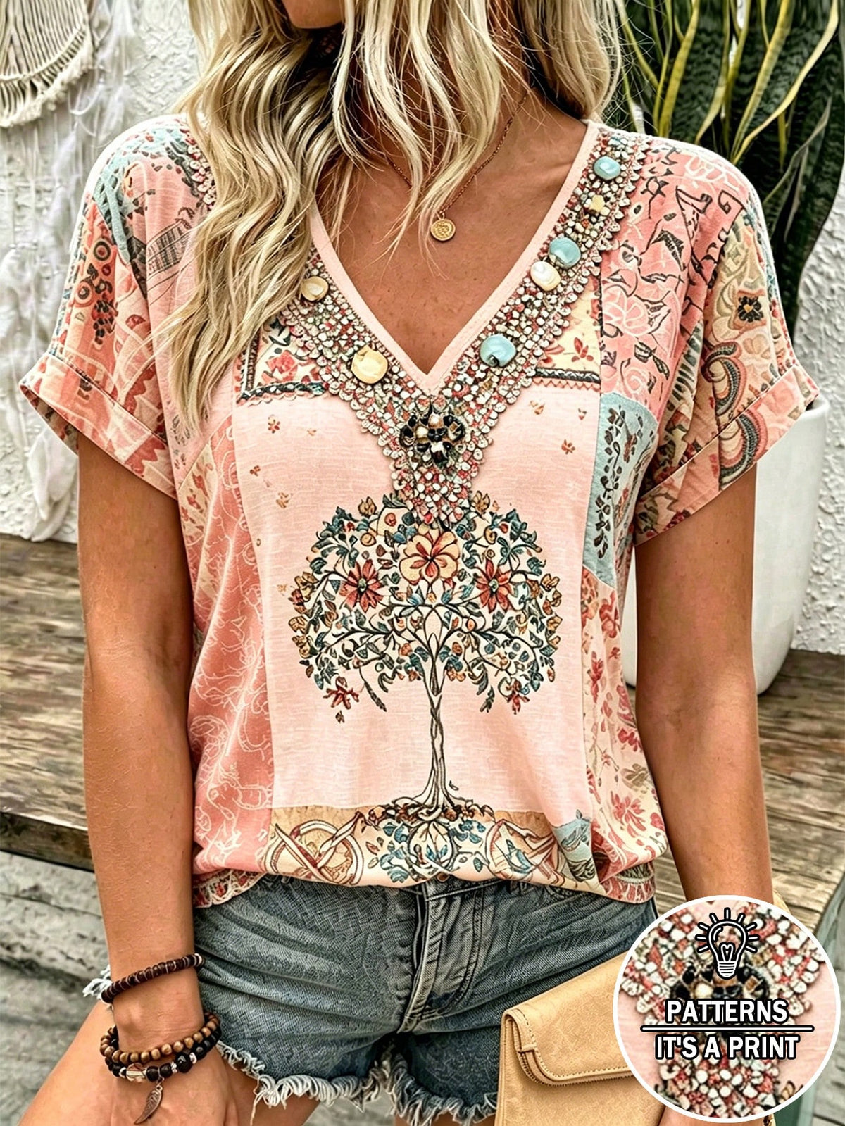 Selamara Bohemian Boho Style Beige Floral Embroidered V-Neck T-Shirt, Summer Vacation Casual Short Sleeve Top Picnic Vacation