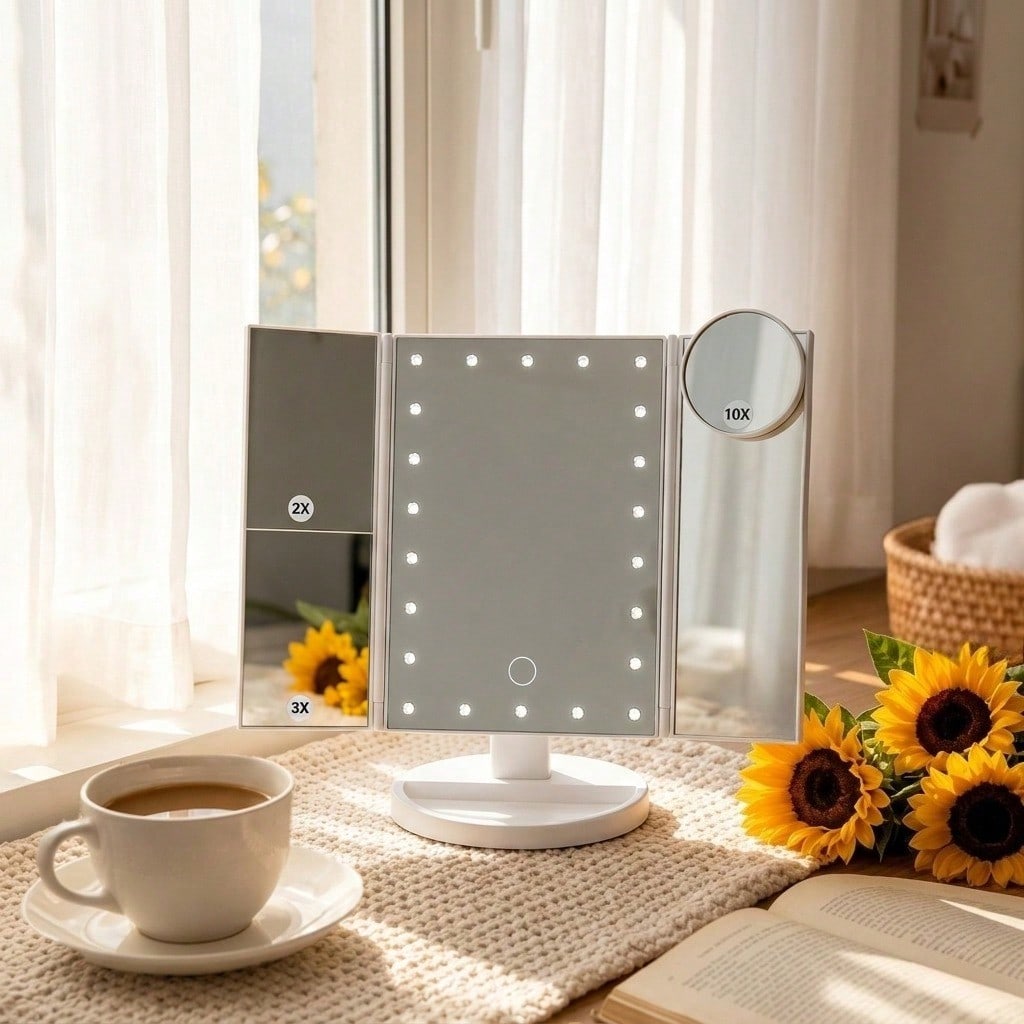 HOODINK Makeup Mirror, Tri-Fold Lighted Adjustable Vanity Makeup Mirror With 21 LED Lights, Touch Screen And 10X/3X/2X/1X Magnification, Two Power Supply Modes Make Up Mirror, 360° Rotation, Top Valentine's Day Gifts For Her(Rose Gold/White)