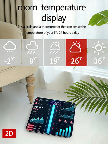 1pc, 2D Flat Smart Scale Steel Glass 5Mm UV Printed Design Precision Weight Temperature Detection Room Temp Display Unique Aesthetic Vibrant Stylish Home Bathroom Bedroom Living Room Gym