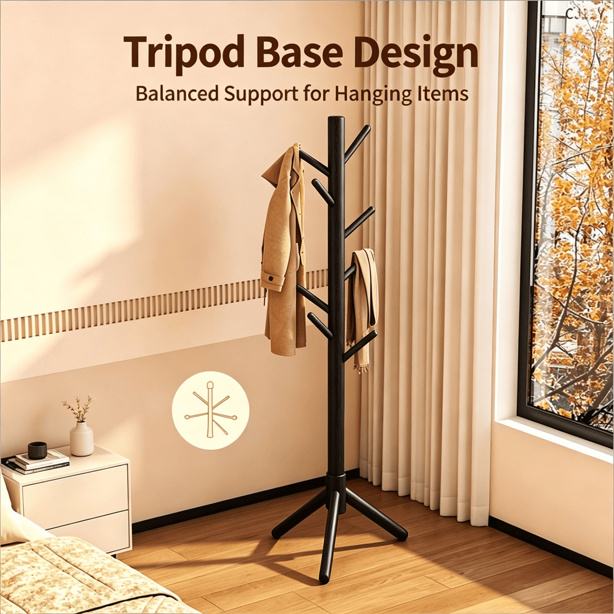 3-Color Freestanding Tree Coat Rack, Tripod Base Clothes Stand With Multi Hooks For Home Use
