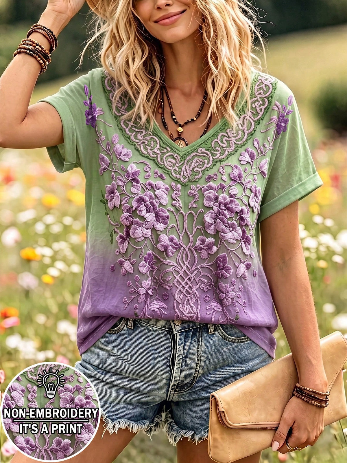Selamara Bohemian Boho Style Beige Floral Embroidered V-Neck T-Shirt, Summer Vacation Casual Short Sleeve Top Picnic Vacation