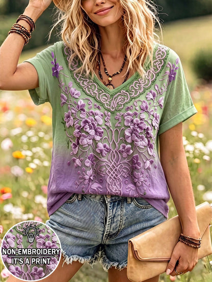 Selamara Bohemian Boho Style Beige Floral Embroidered V-Neck T-Shirt, Summer Vacation Casual Short Sleeve Top Picnic Vacation